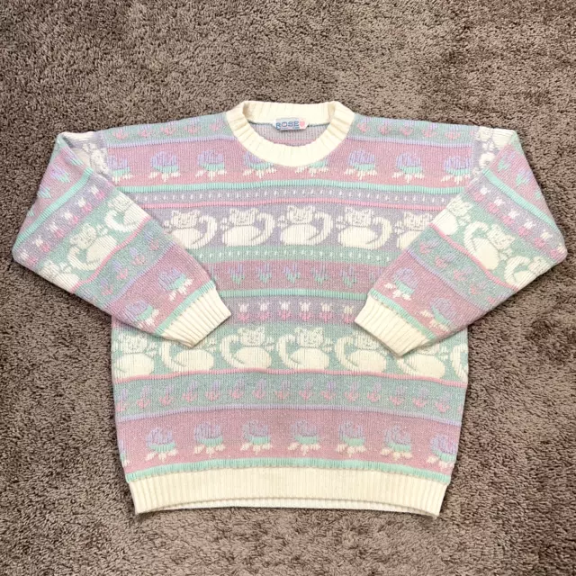 Vintage Rose Sweater Womens Large Pastel Sparkle Cat Fair Isle Fairy Kei Kawaii