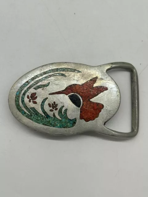 Hummingbird Turquoise & Coral Chip Inlaid Inlay To Vintage Pewter Belt Buckle