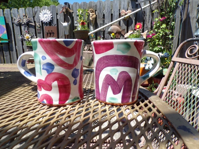 Pair of Mugs Penland NC Area Stanley Mace Andersen Wheel Thrown Painted Majolica
