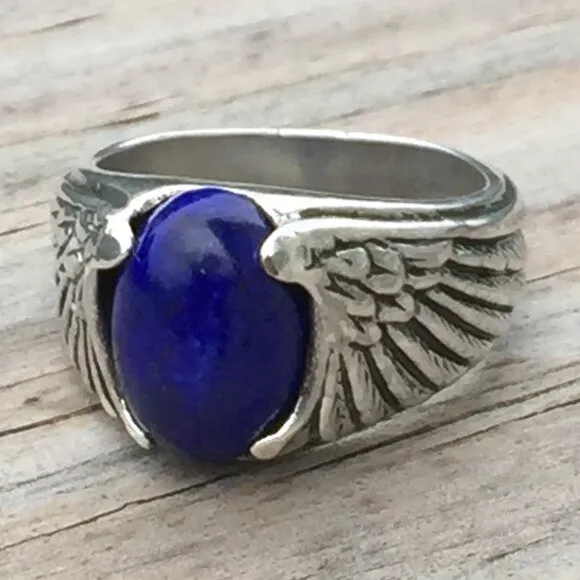 Eagle Wing Ring .925 Sterling Silver Size 9 Wide w/ Genuine Blue Lapis Lazuli