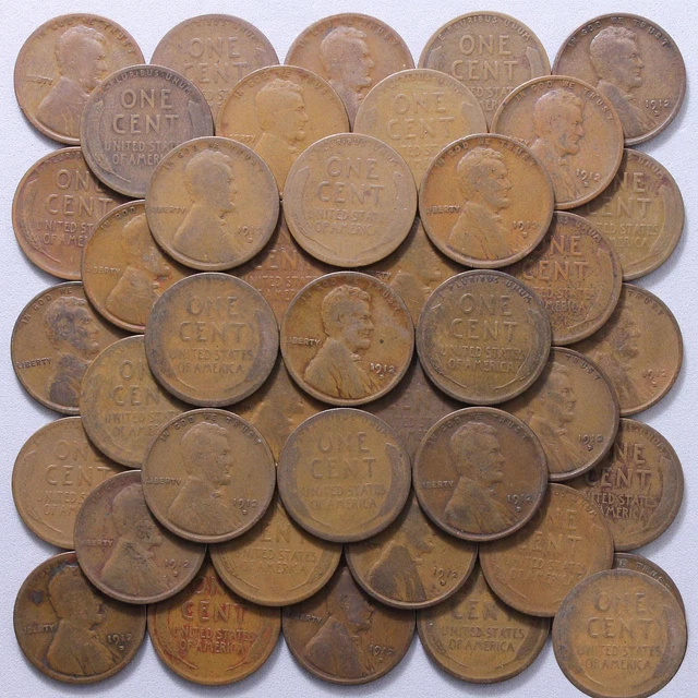 1912 D Lincoln Wheat Cent Roll 50 Circulated Pennies US Coins