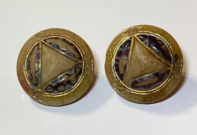 Lot of 2 Antique Tan Glass Buttons Triangle Metal Birdcage Shank 9/16" *AS IS**