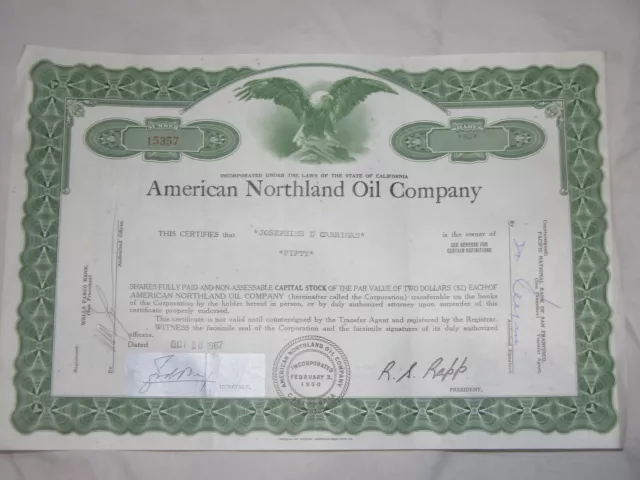 Capital Stock Certificat 50 Shares De Américain Northland Huile Co.1967 EA