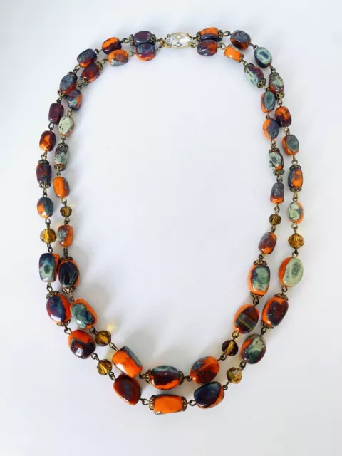 Collier ancien double rang en perles de céramique et cristal de bohème 1960/1970
