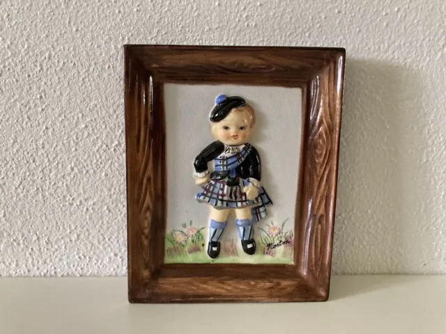 Vintage NAPCO Scottish Lass Girl Campbell Ceramic Wall Plaque 5"x4" signed