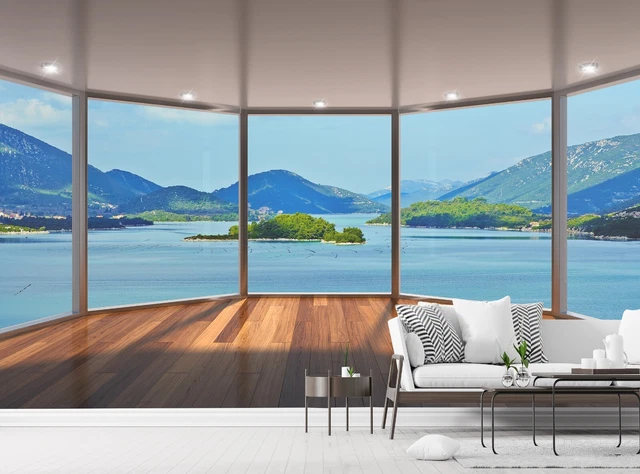 Papel pintado 3d con vista de ventana playa mural océano decoración papel gigante póster imagen