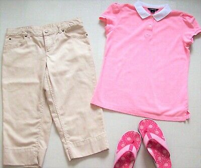 2pc LANDS END OUTFIT Pink Polo SHIRT & Khaki Denim CAPRI Jeans Size 14 XL 16  LN