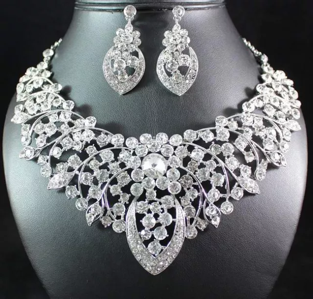 Floral Clear Austrian Rhinestone Bib Necklace Earrings Set Bridal Wedding N1637C