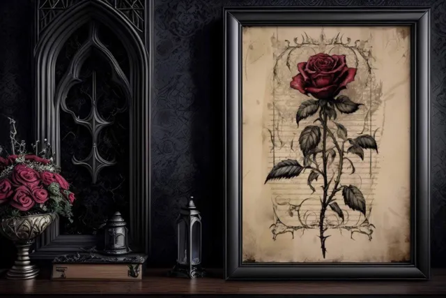 Gothic Rose Picture , Vintage Red Rose Print , Gothic Rose print , Home Decor