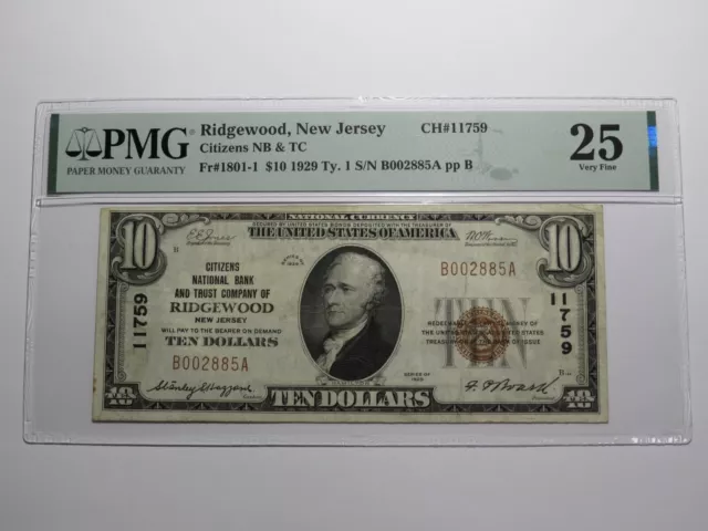 $10 1929 Ridgewood New Jersey NJ National Currency Bank Note Bill Ch #11759 VF25