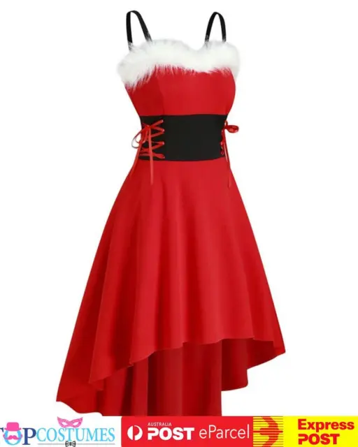 Red Santa Christmas Vintage Swing Flare Fur Dress 50s Midi Xmas Rockabilly