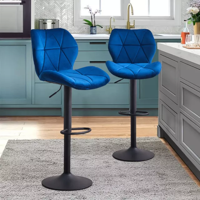 2x Blue Breakfast Bar Stools Velvet Swivel Gas Lift Chairs Kitchen Pub Chair New