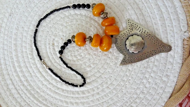 Sautoir Ancien En Ambre Baltique Naturel Jaune Orange - Longueur 101 Cm - Perles Losange 8mm