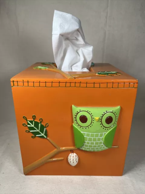 Whimsical Orange Give a Hoot Owl Resin Tissue Box Cover Creative Bath Products