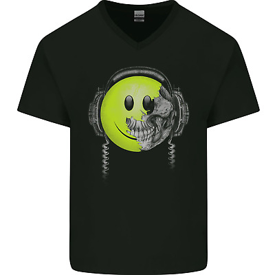 DJ Skull Dance Music DJing Skull Headphones Mens V-Neck Cotton T-Shirt