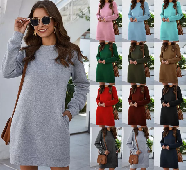 Womens Long Sleeve Sweatshirts Dress Ladies Casual Mini Jumper Dresses Size 6-18