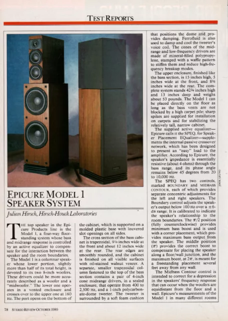 Epicure - Model 1 Speaker - Full Original Test Report -  1989