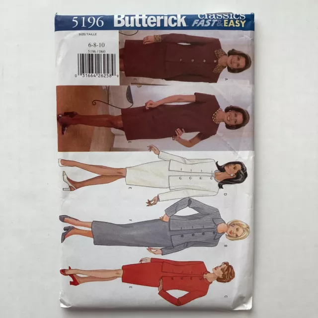Butterick 5196 Sewing Pattern Fitted Dress And Jacket Misses Sizes 6-10 UNCUT