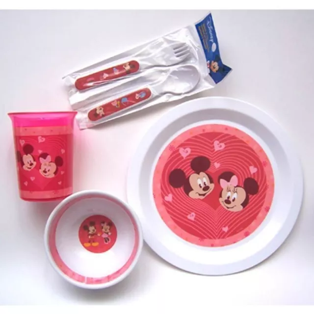 Juego de 5 piezas de comedor tazón taza tenedor cuchara Disney Mickey & Minnie corazones rojos NUEVO