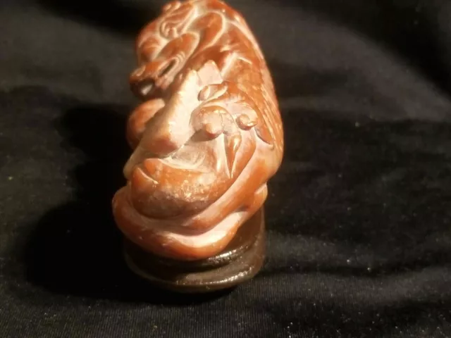 1900's OLD CHINESE FIGURAL SOAPSTONE CARVING LION w BALL CURVED RUYI FENGS SHUI 2