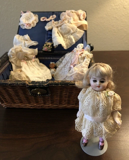 Antique German All Bisque Doll 5" with Trunk Trousseau Clothes and Accessories