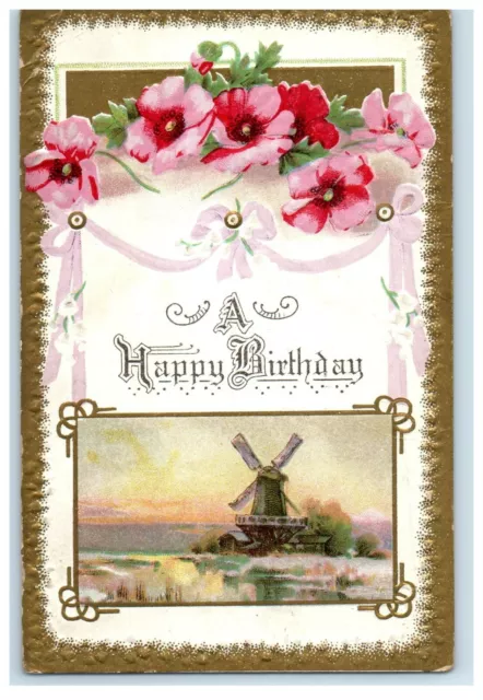 c1910's Birthday Greetings Pink Flowers And Windmill Embossed Gold Postcard