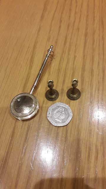 Dolls  House Miniature Brass Bed Warmer And Small Brass Candlesticks  Quality