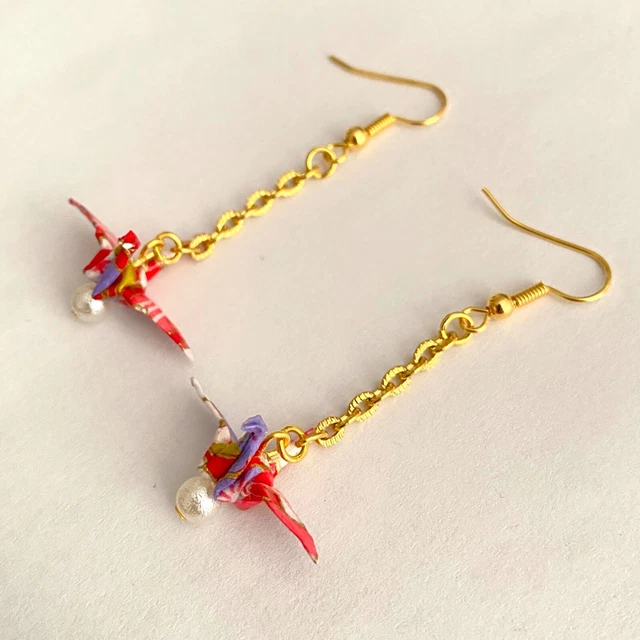 Boucles D'oreilles Pendantes éventails Ronds Yuzen Origami Rouge Motif Japonais Fleurs