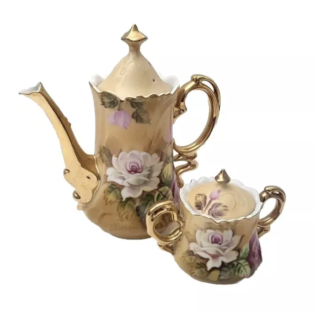 Vintage Lefton Heritage Rose Beige Floral Teapot & Sugar Bowl With Lid