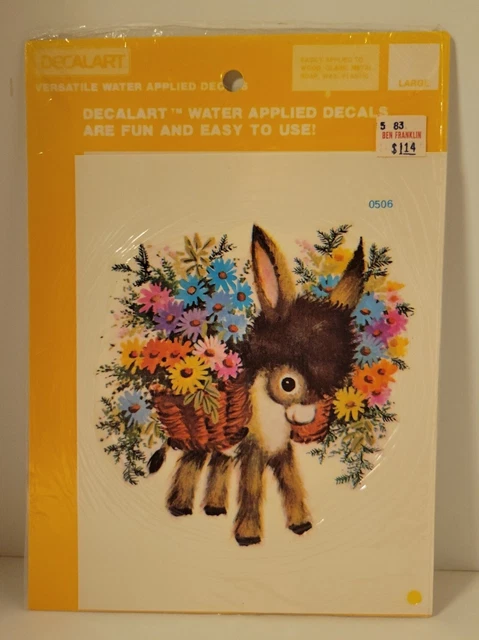 Calcomanía vintage NUEVO EN PAQUETE MEYERCORD burro con cesta de flores #0596