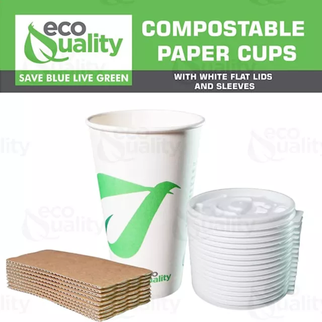 20oz Compostable Biodegradable White Paper Cups w/ Flat White Lids and Sleeves