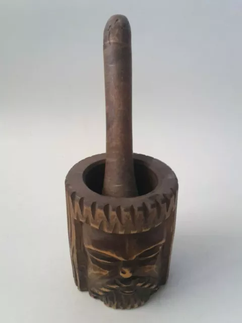 toller seltener Holz Mörser Apotheke antiker Stößel Pistill mit Gesicht RaR