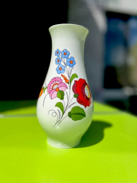 Kalocsa Hand Painted Porcelain Vase From Hungary Floral Gold Trim 7.5"