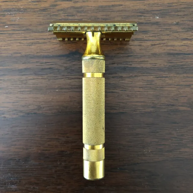 Gillette Long Open Comb Fat Handle DE Safety Razor Brass Gold Vintage 1930's