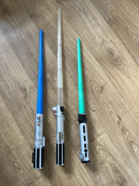 3x Star Wars Extendable Flick Out Lightsabers Green Blue Clear 1999/2004 Vintage