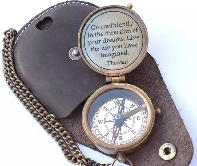 Brass Go Confidently Quote Engraved Compass with Stamped Leather case  Chain Ca