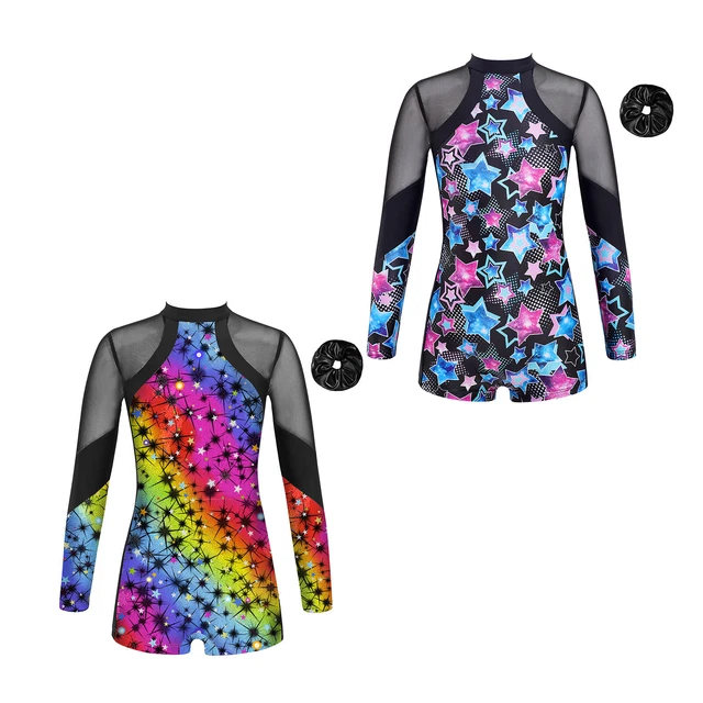 Kids Girls Dance Set Athletic Jumpsuit Mock Neck Romper Figure Ice Skating Show
