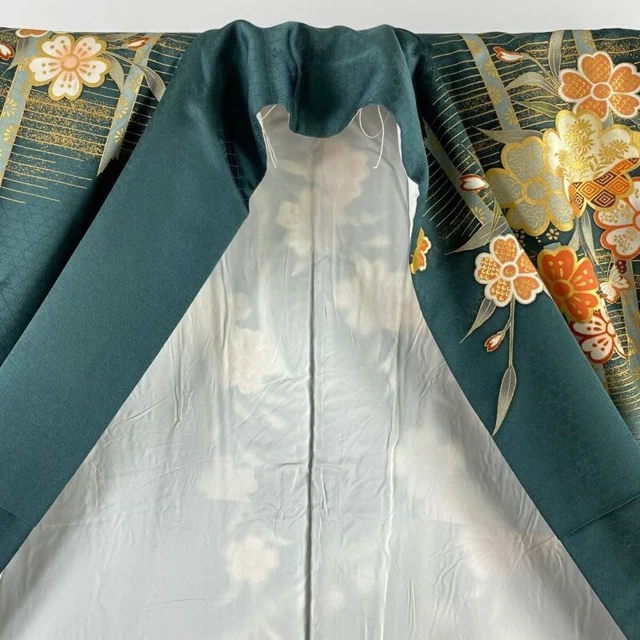 Woman Japanese Kimono Furisode Silk CherryBlossom Butterfly Gold Foil Dark Green 3