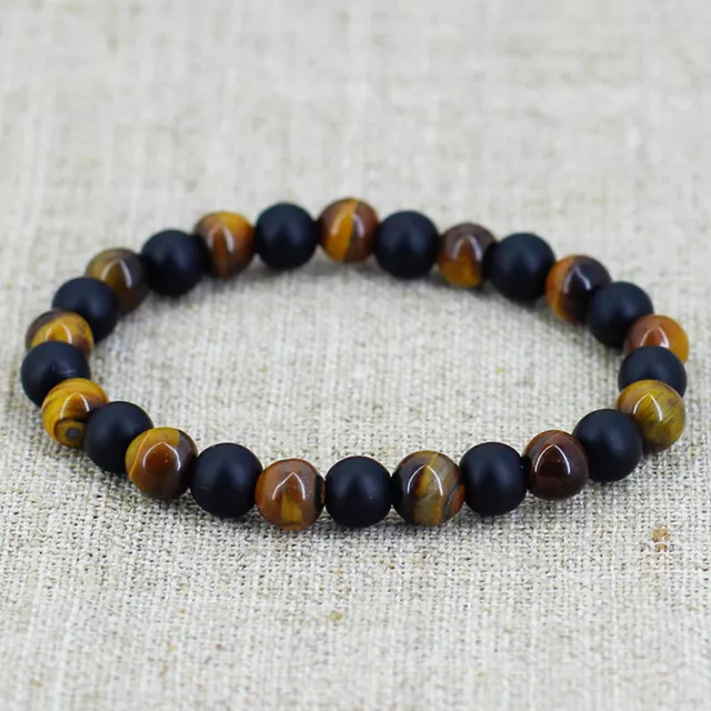 Men Tiger Eye Matte Onyx Mala Stone Yoga Beaded Bracelet Energy Viking Jewelry