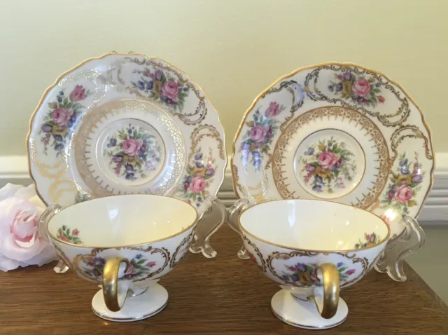 2 Footed Demitasse Cups & Saucers Queen's Bouquet Rosenthal Germany Roses & Gold 3