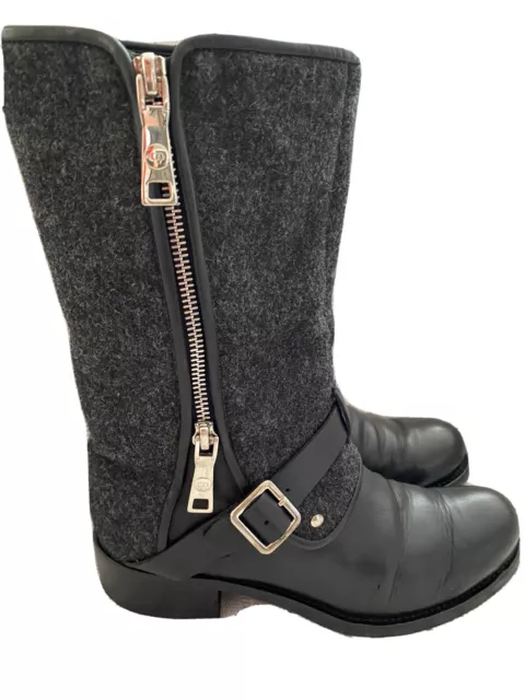 Auth Christian Dior Black Wool/Leather Ankle Motorcycle Biker Boots,EU36/US6