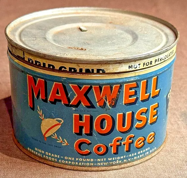 Vintage Maxwell House Coffee Key Wind 1 Pound Can with Lid