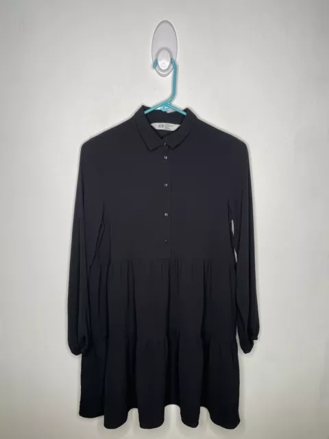 H&M Shirt Dress Girls Size 16 Black Long Sleeve Collared Popover Tiered NWOT