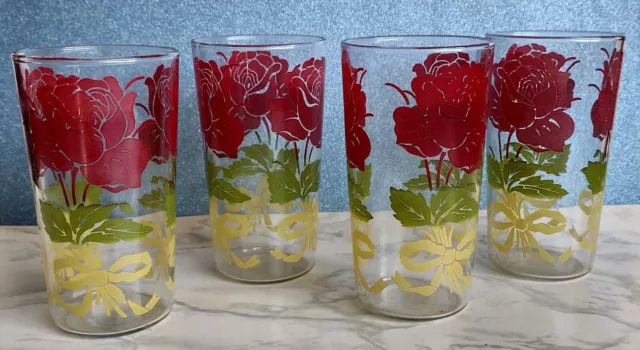 Anchor Hocking Glasses RED ROSES /YELLOW RIBBONS  (4) Vintage tumblers 4 3/4”H