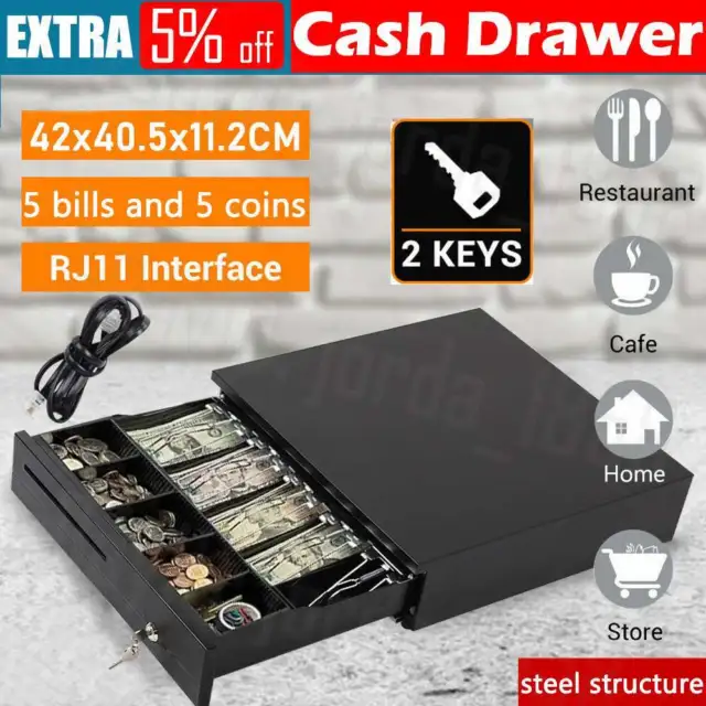 Manual Electronic Iron Plastic Cash Drawer Register POS 5 Bills 5 Coins Tray
