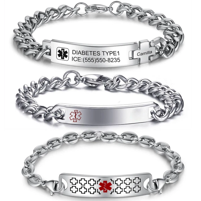 Custom Women Men Medical Alert Id Bracelet Stainless Steel Survival Cuban Chain