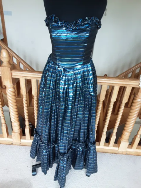 70s 80s Vintage Long Dress Ball Black Blue Silver Striped Strapless Fit N Flare