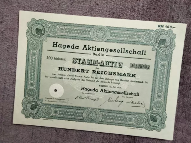 HAGEDA AG Berlin Aktie 100 Mark 1938 - Pharmahandel / Einkaufsgemeinschaft