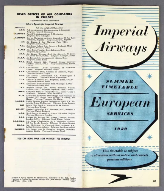 Imperial Airways European Airline Timetable Summer 1939 Ial