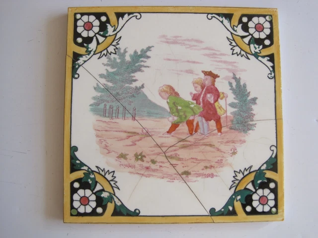 Antique Victorian Minton Hollins Regency Children Tile - Playing Skittles C1875